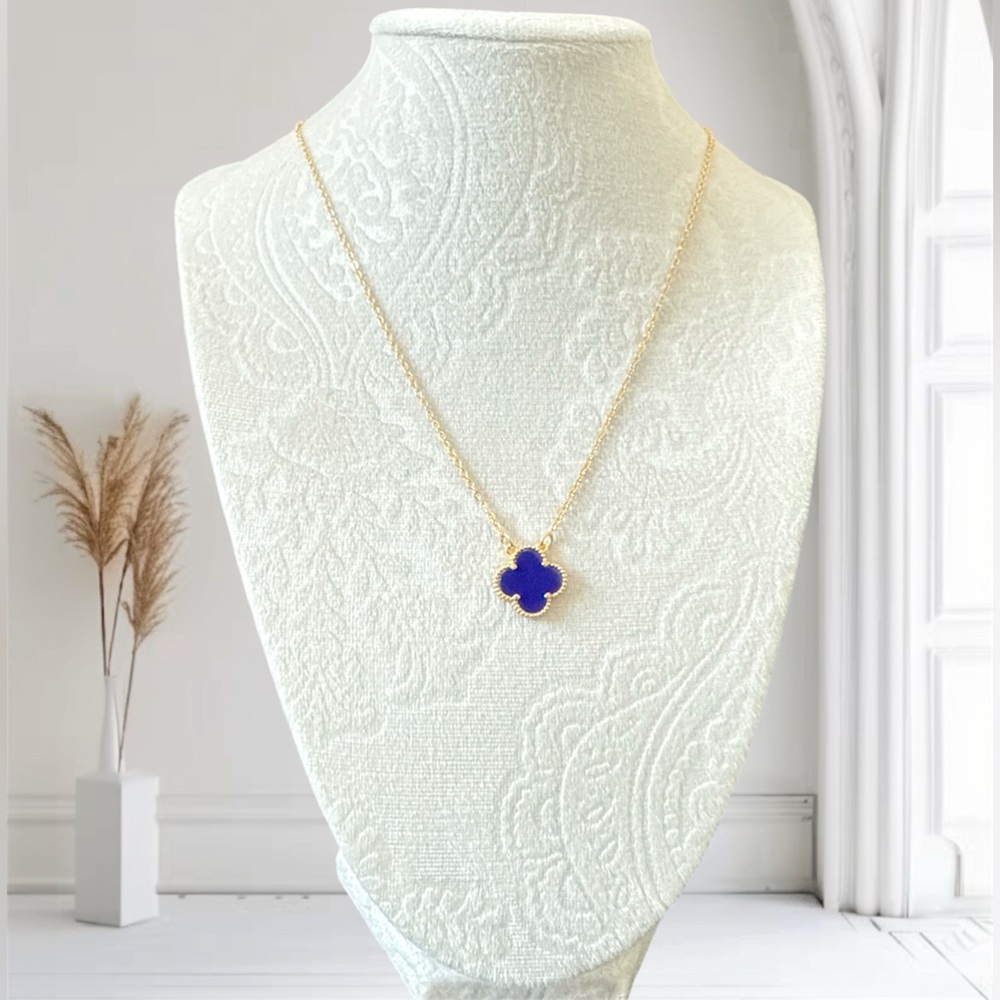 Last 1 🔥 Royal Blue Clover Necklace 14k Gold Tone Double Sided - Picture 6 of 13